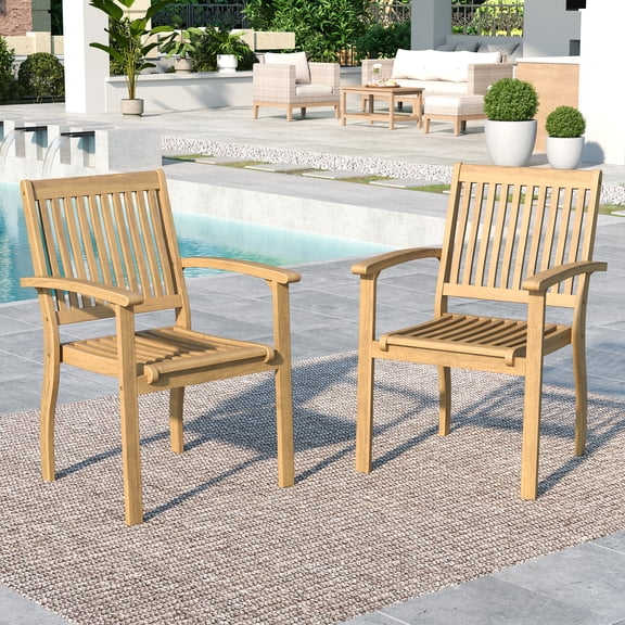 Summit Living 2-Piece Acacia Wood Patio Dining Chairs, Outdoor Oil Finished Natural Wooden Armchairs