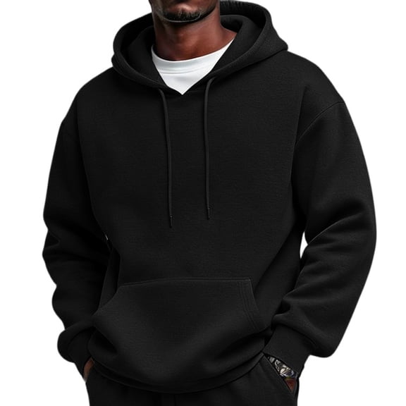 Fleece Pullover Hoodie for Men Long Sleeve Drawstring Oversized Relaxed Fit Athletic Sweatshirt Tops with Pocket Black M
