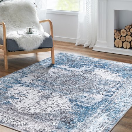 Jinchan Area Rug 4x6 Foldable Blue Persian Rug Floral Printed Distressed Carpet Vintage Traditional Indoor Mat for Bedroom Living Room