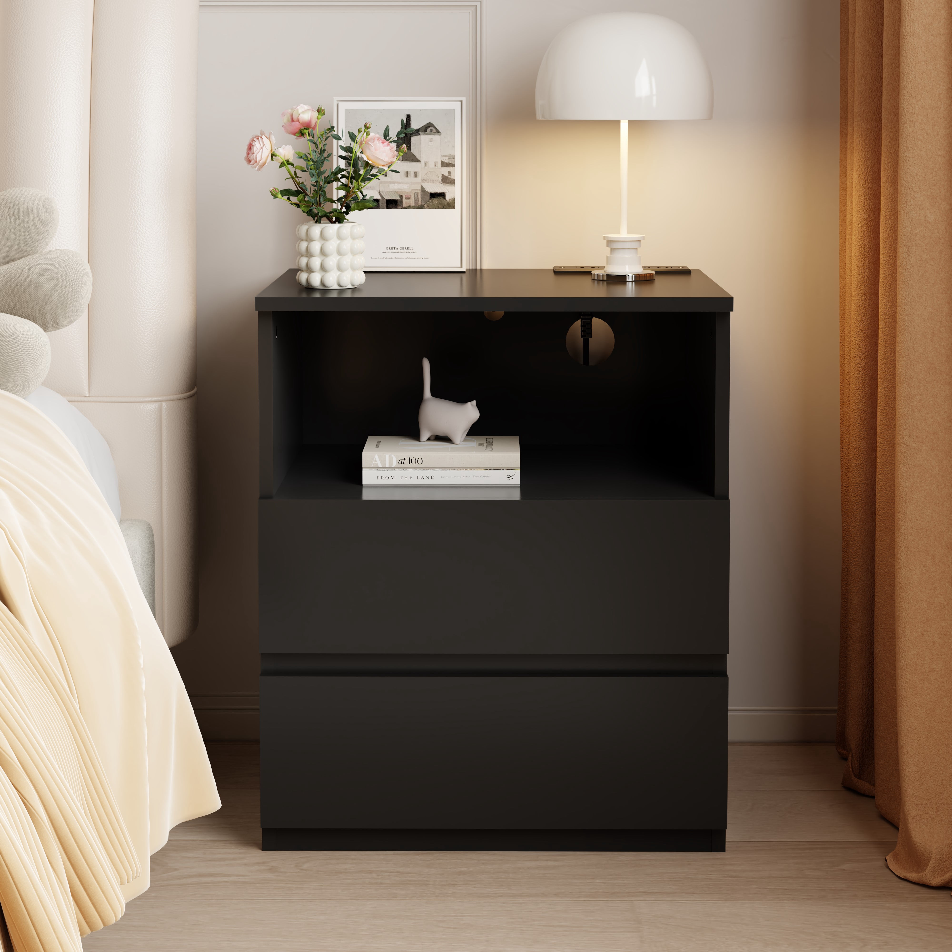 Mintazer Nightstand Set of 2, Bedside End Table with Charging Station, 2 Drawers & Open Storage Compartment, Particle Board Side Table for Bedroom Living Room, Black