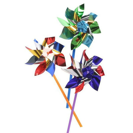 Colorful Metallic Pinwheels – Pack of 12 Windmills with Stick for Kids and Adults- Perfect Summer, Pool Decoration, Beach-Themed Birthdays, Handy Party Favors, Classic Gift Ideas