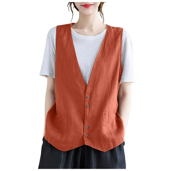 Juosiy Women's Cotton and Linen Autumn Casual Vest Plain Color V Neck Thin Large Size Stacking Vest