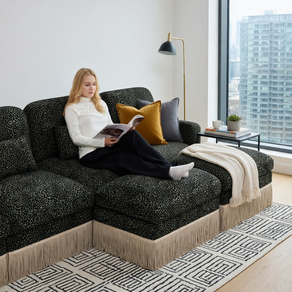 Hommoo 131" Modern Modular Leopard Print Chenille 4-Seat Sectional Sofa with Tassel Trim, Deep Ergonomic Seating & Easy Snap-Together Assembly, Green Black