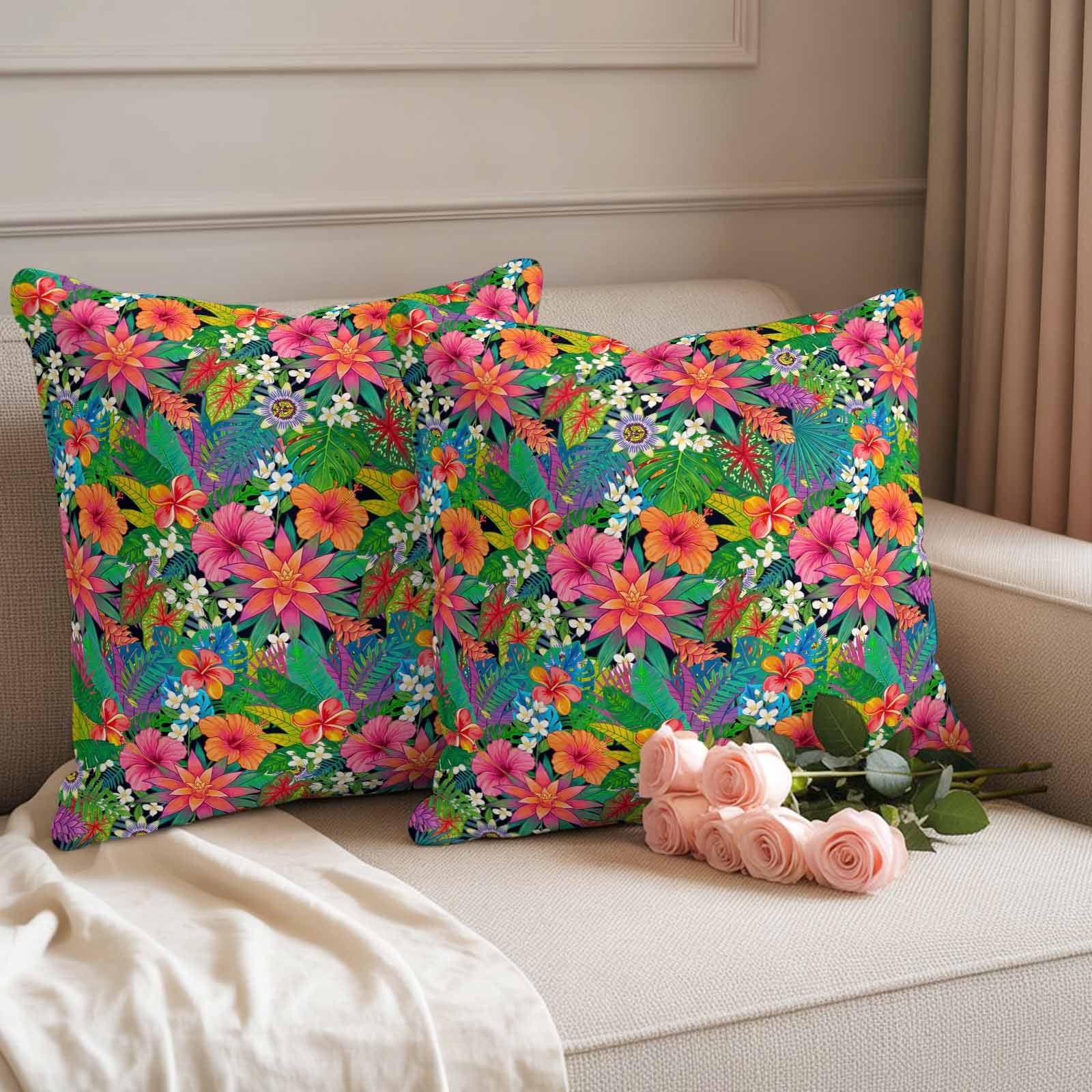 Colorful Floral Outdoor Waterproof Throw Pillow Covers 26x26 Set of 2, Summer Botanical Flowers Watercolor Decorative Pillowcases Cushion Pillowcase for Couch Sofa Patio Outside Pillow Protector