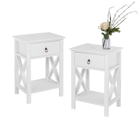 White Nightstand Set of 2 with Drawer, Farmhouse End Table for Bedroom, Small Space Side Table for Room, Living Room, Bedside Storage, White