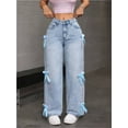 thumbnail image 2 of Pantalones de mezclilla de pierna recta con lazo lindo for mujer, pantalones vaqueros casuales holgados de talle alto, pantalones de moda Y2K con bolsillos, 2 of 3
