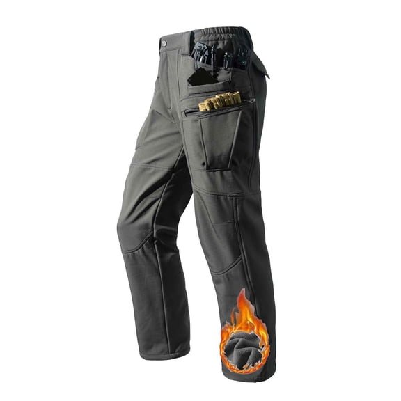 Kakii Men's Water-Resistant Fleece-Lined Cargo Pants, Winter Hiking Trousers with Multiple Zipper Pockets, Windproof Tactical Pants