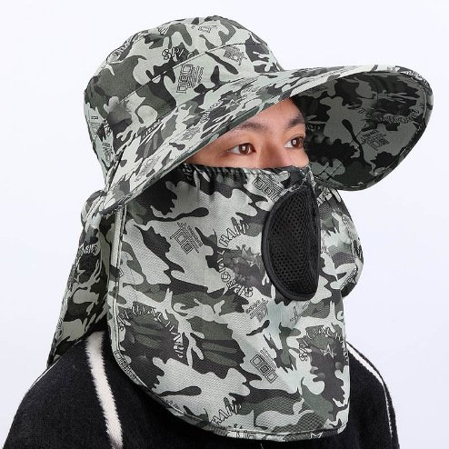Sombrero de camuflaje de verano para el sol, protección solar para exteriores, protector solar, sombrero de pesca, sombrero de hombro para hombre, sombrero de sol transpirable, sombrero de montañismo