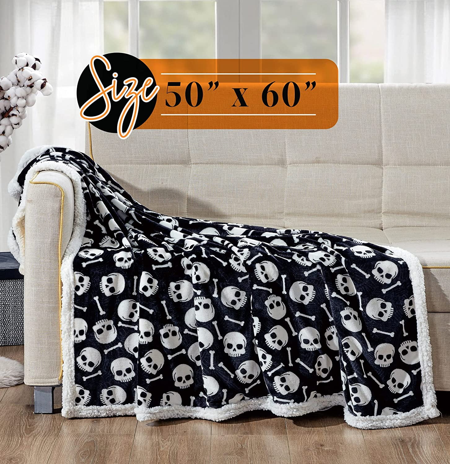 Elegant Comfort Breathable Sherpa Throw Blanket, 50 x 60 inches, Perfect for Lounging and Home Decor, All Season Suitable, Skull & Bones Sherpa Throw