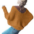thumbnail image 3 of Women's Off The Shoulder Sweater Solid Color V-Neck Hollow Knit Loose Pullover (Saffron, M), 3 of 3