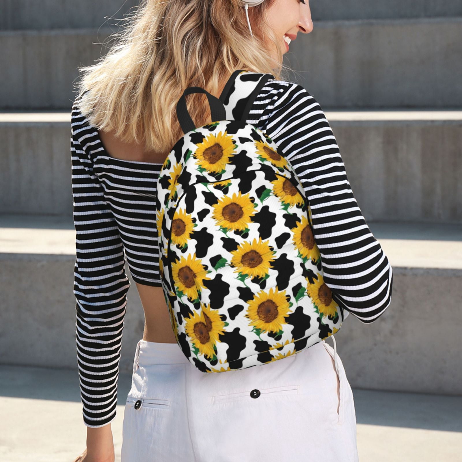 Rateoe Cute Cow Print Sunflower B Pattern Durable Canvas Backpack for Men & Women – Stylish & Lightweight – Adjustable Straps, Multiple Pockets – Fits 15-17 Inch LaptopsMedium
