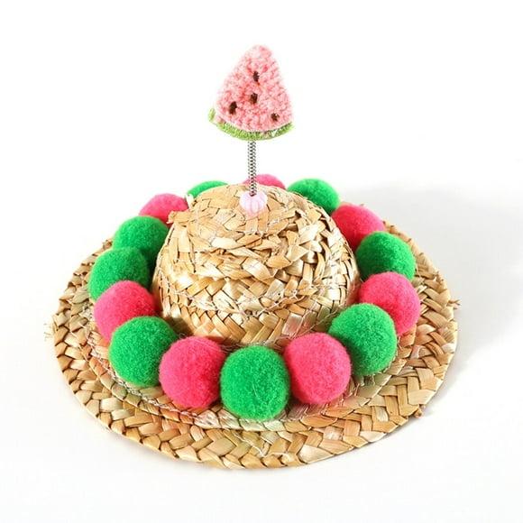 Pet Straw Hat Natural: Cute Pompom Fruit Dog Summer Cap Cat Sun Hat for Outdoor