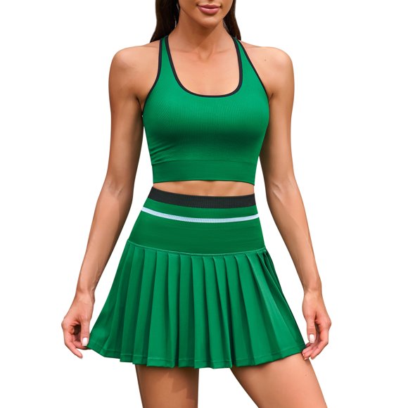 Charmo Womens Two Piece Tennis Dress High Waist Pleated Tennis Skirt with Shorts Racerback Crop Golf Workout Skirts Sets