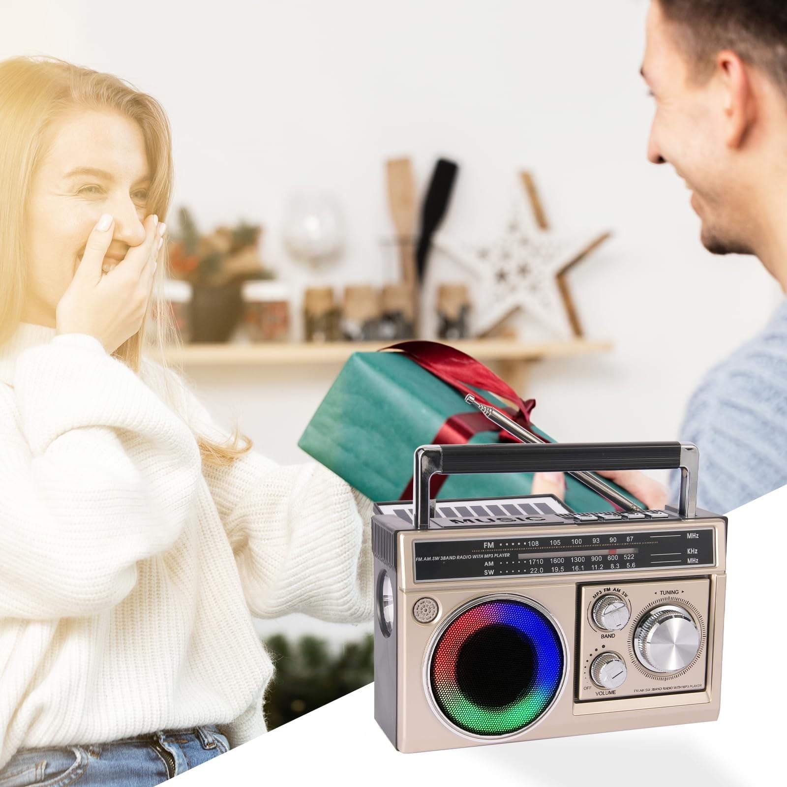 AM FM SW Radio Portable with Bluetooth Speaker, Illumination, USB TF Card Playing, Solar/USB-C Rechargeable Radios, Colorful Light, Transistor Radios Portable Emergency, Bluetooth Radio