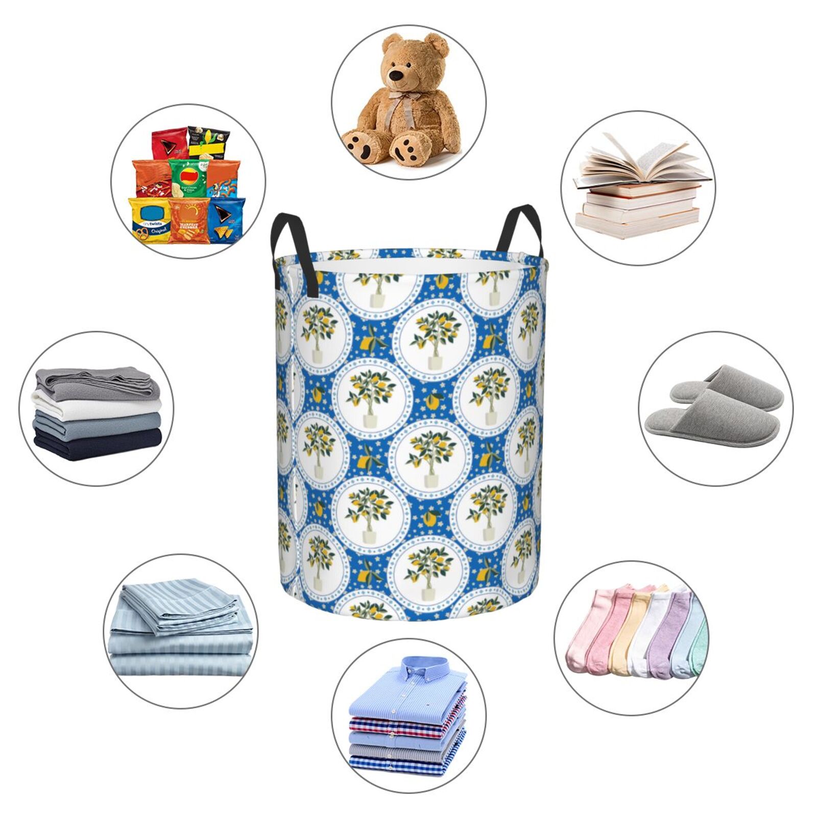 Large Laundry Basket with Handles - Lemon tree lemons blue Italian style Kids Baby Dirty Clothes Laundry Hamper for Bedroom Aesthetic