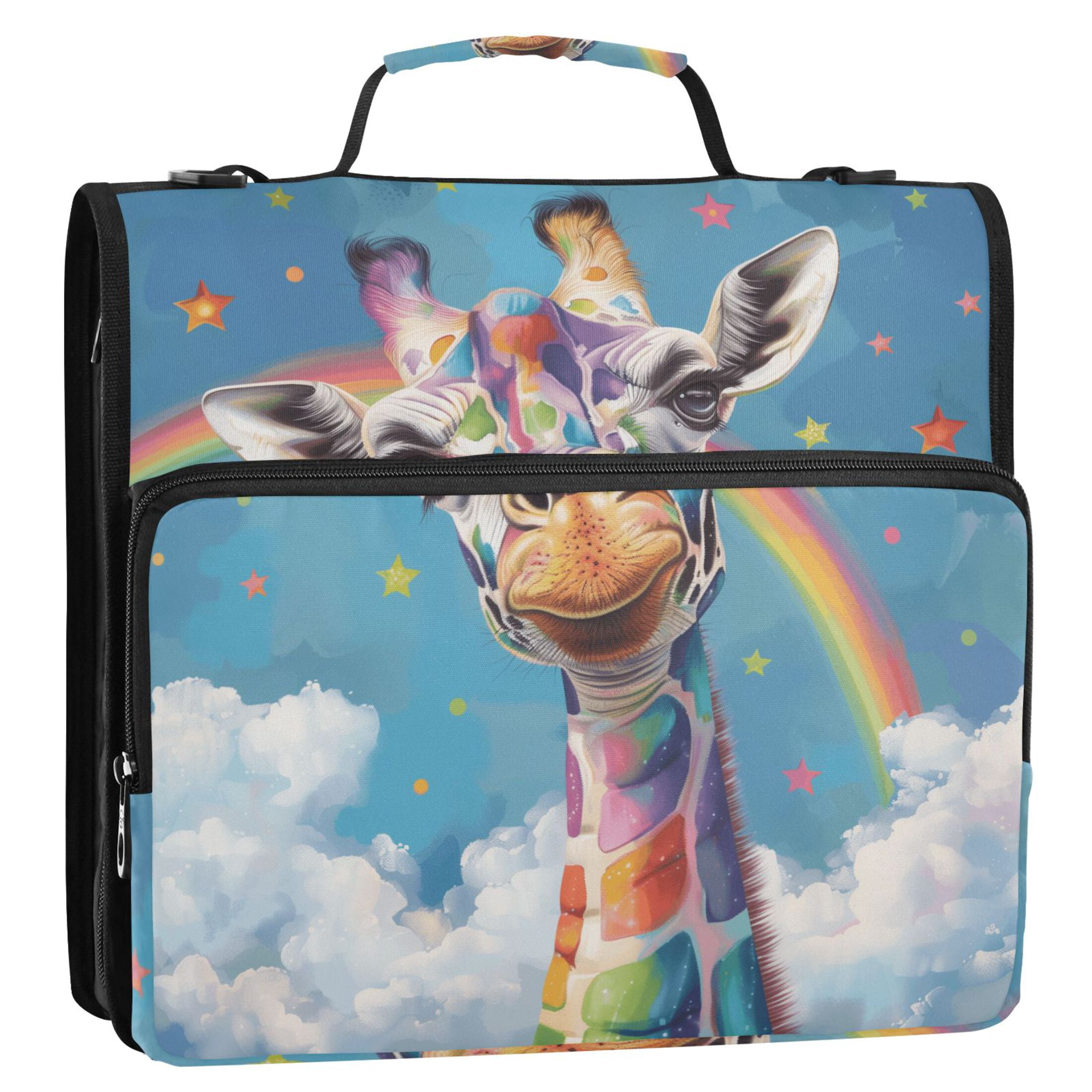 3 Ring Zipper Binder with Shoulder Strap Waterproof Trapper Keeper 2 Inch D-Ring 500 Sheets Capacity Colorful Spots Giraffe and Rainbow