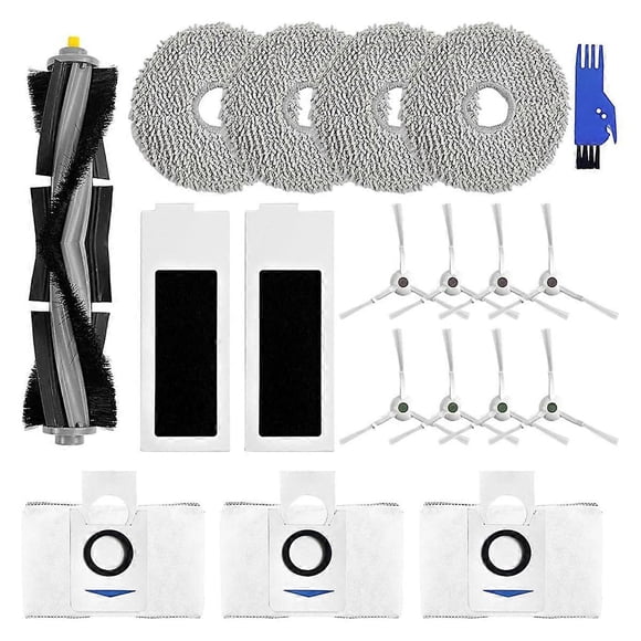 Cepillos laterales principales, filtros HEPA, paños de limpieza y bolsas para el polvo de la aspiradora robot Deebot T20 Omni.