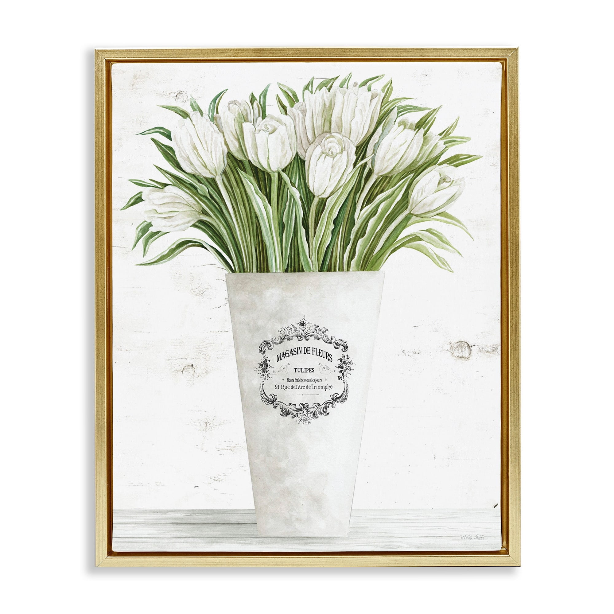Stupell Industries White Tulip Bouquet in Parisian Vase Floral Arrangement Metallic Gold Framed Floating Canvas Wall Art, 24x30, by Cindy Jacobs