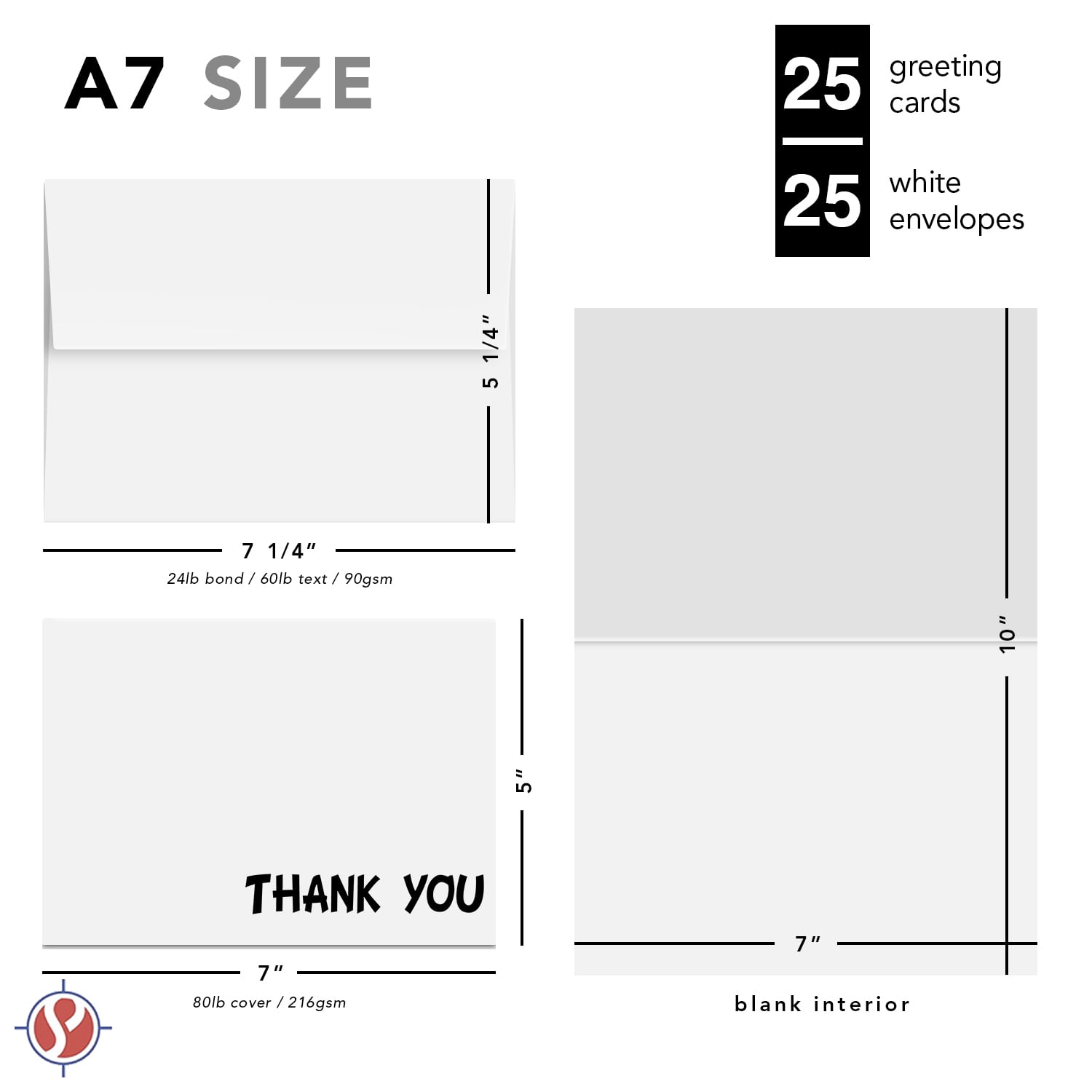 Thank You Card – 25 Bulk Set of Half-Fold Greeting Cards and Envelopes – Pre-Scored & Blank on the Inside – Elegant and Perfect for Weddings, Baby Shower, Graduation, Birthdays | 5 x 7 (A7 Size)
