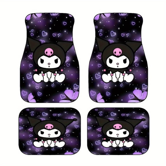 Set of 4 Sanrio Purple Kuromi Printed Car Floor Mats - Full Coverage Interior Additions, Made of Crystal Velvet Suitable for Sedans, Vans, And Suvs