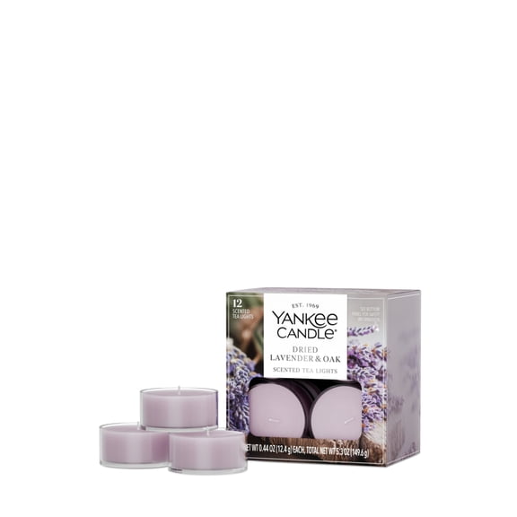 Yankee Candle Scented Tea Light Candles, Dried Lavender & Oak, Purple, 12 Count