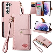 Feishell for Samsung Galaxy S22 Plus Case,RFID Blocking Wallet Case for Women Men,Premium PU Leather Credit Card Holder Zipper Pocket Magnetic Buckle Flip Kickstand Phone Case with Wrist Strap,Pink