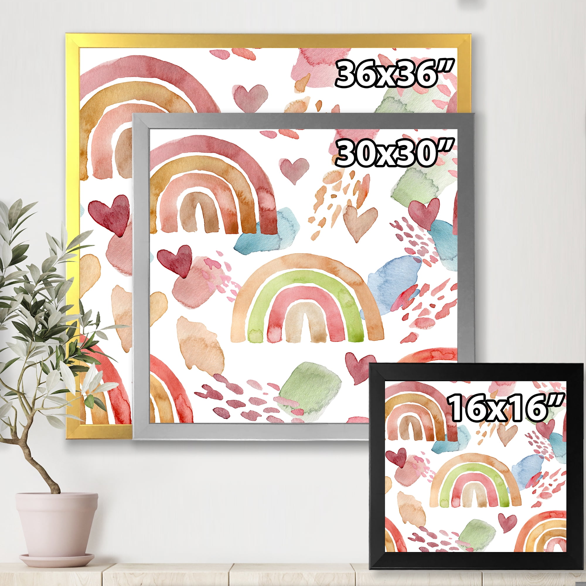 Designart 'Multicolored Rainbows Hearts and Clouds' Children's Art Framed Art Print