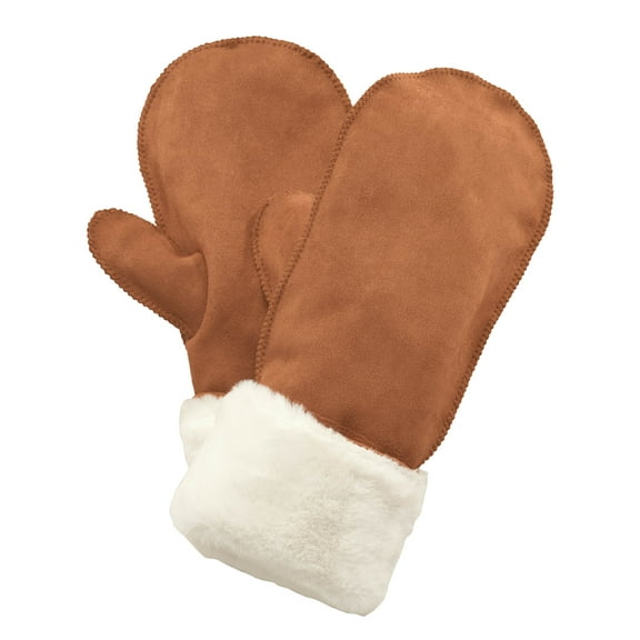 Faux Suede Fur Lined Mittens, Polyester - Measures 11 1/2" Long x 5" Wide, Cork