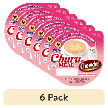 (6 pack) INABA Churu Meal Chowder Adult Wet Cat Food, 2.29 oz cup, Chicken Recipe with Salmon Flavor