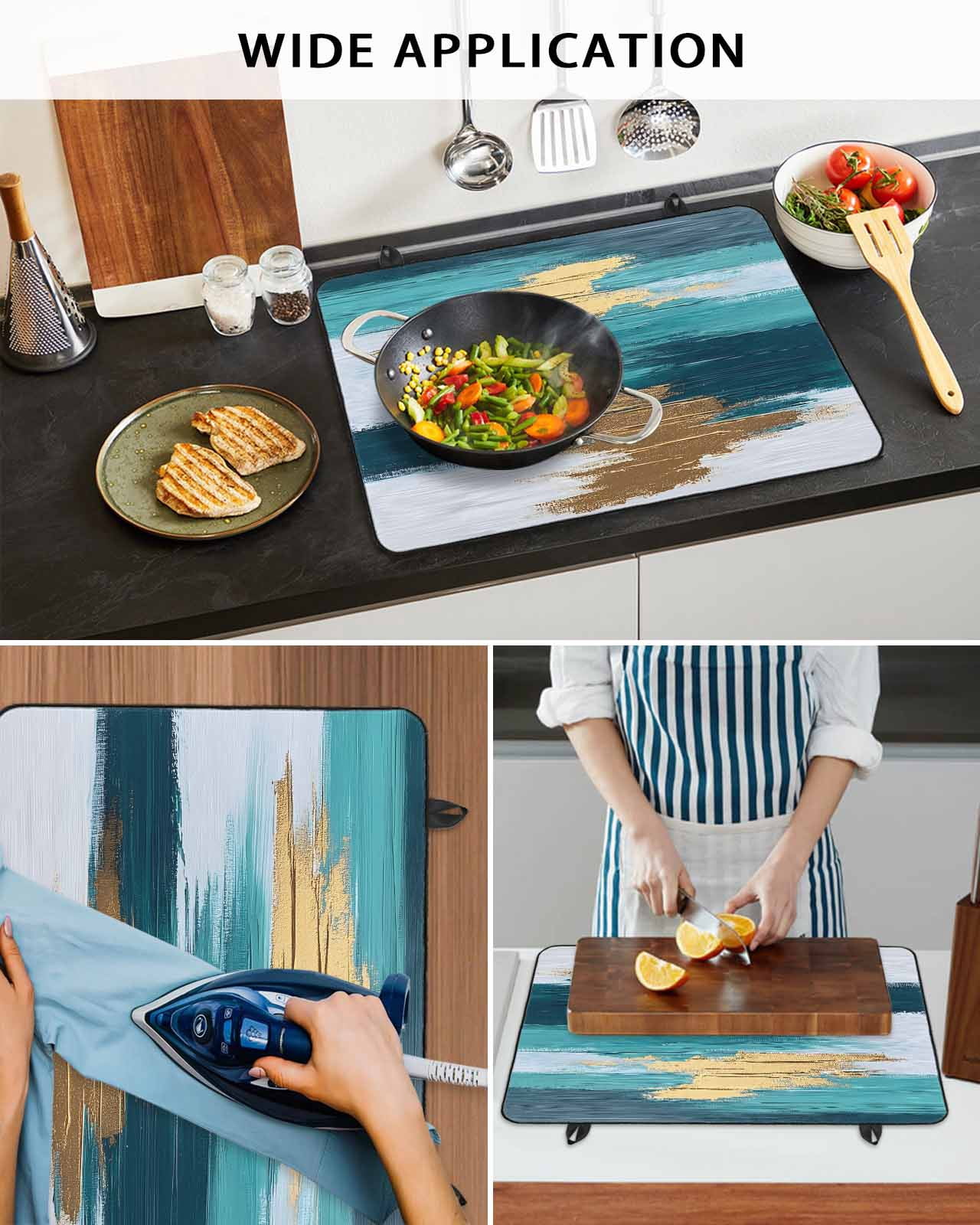 nqOlkjepod Large Induction Cooktop Protector Mat 36"x21", Modern Teal Green Stove Top Covers for Electric Stove, Abstract White Gold Oil Painting Stove Burner Cover Mats, Glass Top Stove Cover