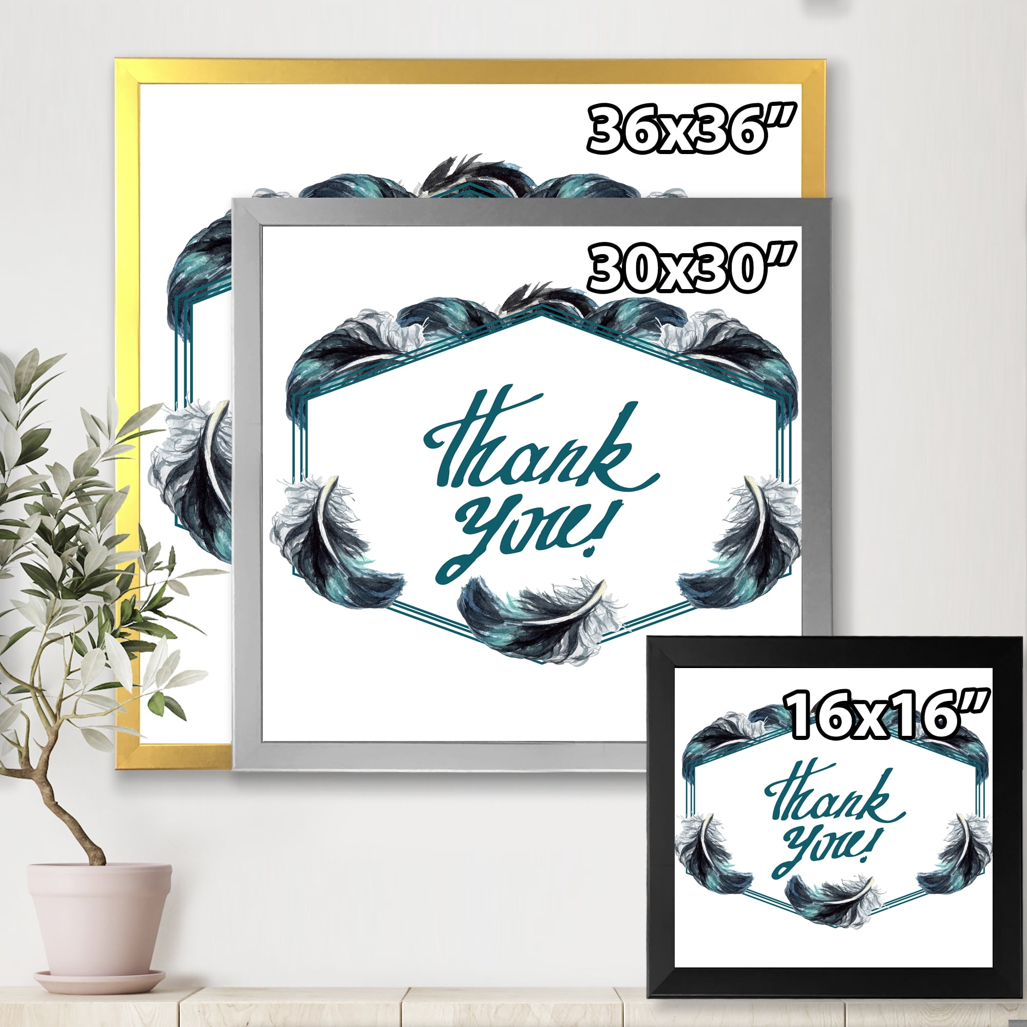 Designart 'Black Boho Art Feathers Thank You' Bohemian & Eclectic Framed Art Print