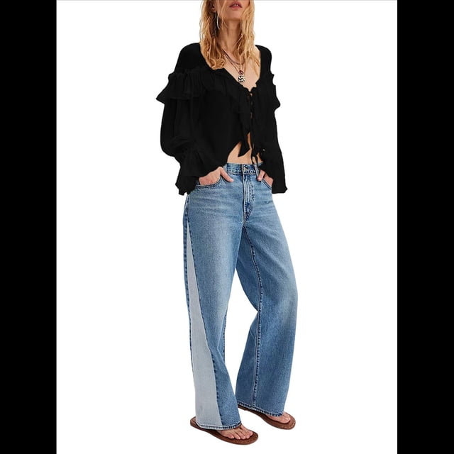 Blusa Playera con Volantes y Cuello en V Transparente de con Ribete de Encaje y Larga con Lazo Frontal para Mujer Negro S