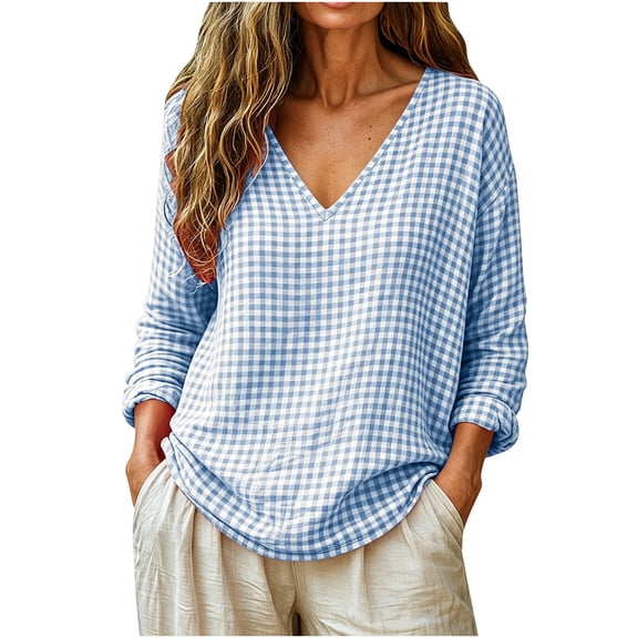 QQZ Womens 3/4 Sleeve Shirts V Neck Checkered Pattern Roll Up Sleeve Tops Cotton Casual Summer Blouses Shirts