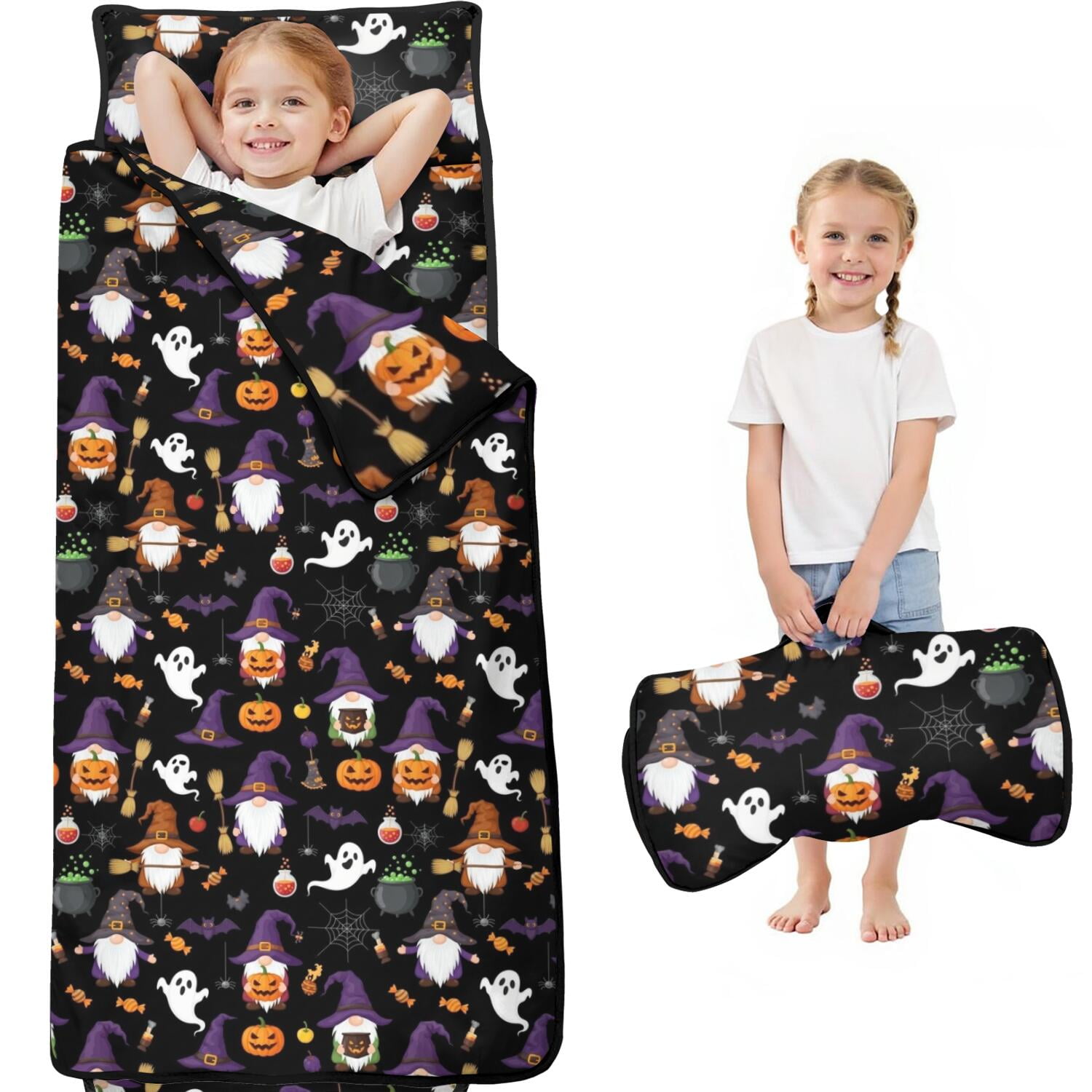 Halloween Gnome Pumpkin Pattern Kids Nap Mat Preschool Sleeping Pad with Handle & Fastening Straps Portable with Handle Gifts for Daycare Preschool 60 x20