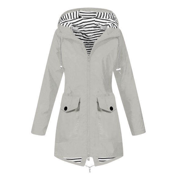 DDAPJ pyju Lightweight Hooded Raincoat for Women 2023 Clearance,Mid-length Waterproof Rain Jacket Stripe Print Lined Windbreaker Solid Color Pocket Hooded Coats with Pockets