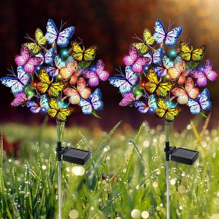 Qoosea Solar Garden Lights Outdoor Waterproof Decorative Flower New Upgraded 2 Pack with 17 Butterfly Solar Lights for Garden Yard Outdoor Decor Pathway, Gifts for Mom