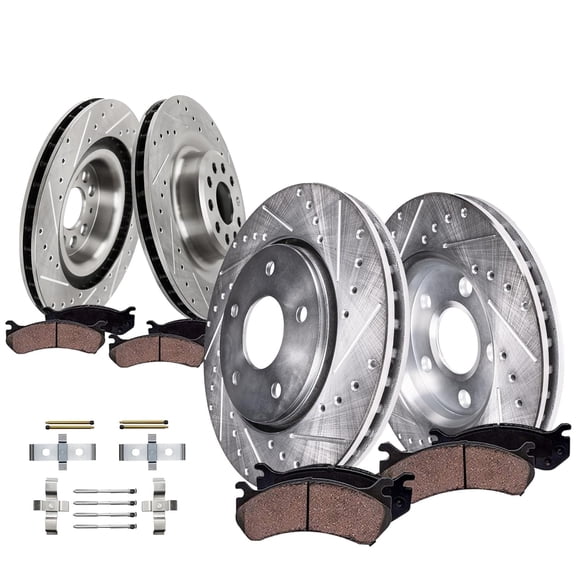 Detroit Axle - 8pc Brake Kit for 2016 Tesla Model S, Drilled and Slotted Disc Brake Rotors Ceramic Brakes Pads with Hardware Replacement: 13.98" inch Front and 14.37" inch Rear Rotor