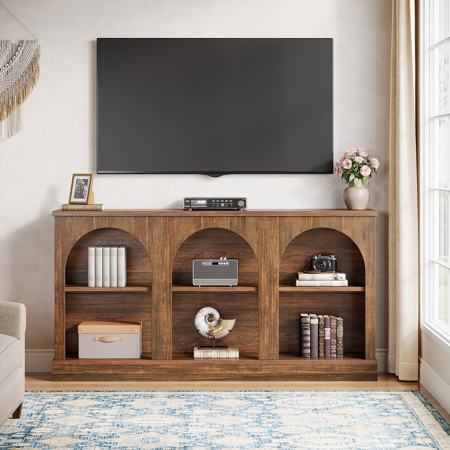 Tribesigns TV Consoles with Storage Cabinets, Television Stand for 55/60/65 Inch TV, Farmhouse Entertainment Center Stand for Living Room, Dark Brown