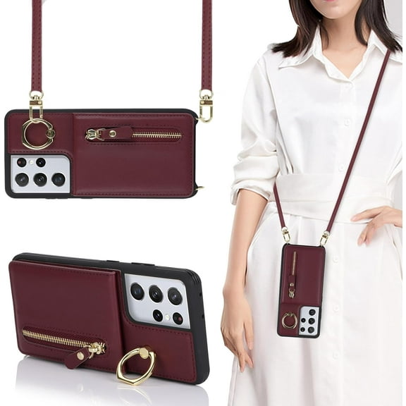 for Samsung Galaxy S21 Ultra 5G Phone Case for Women with Card Holder,Samsung S21 Ultra Case Wallet Crossbody Lanyard with Strap,Credit Card Slots Kickstand Case with Ring Holder,6.8",Burgundy