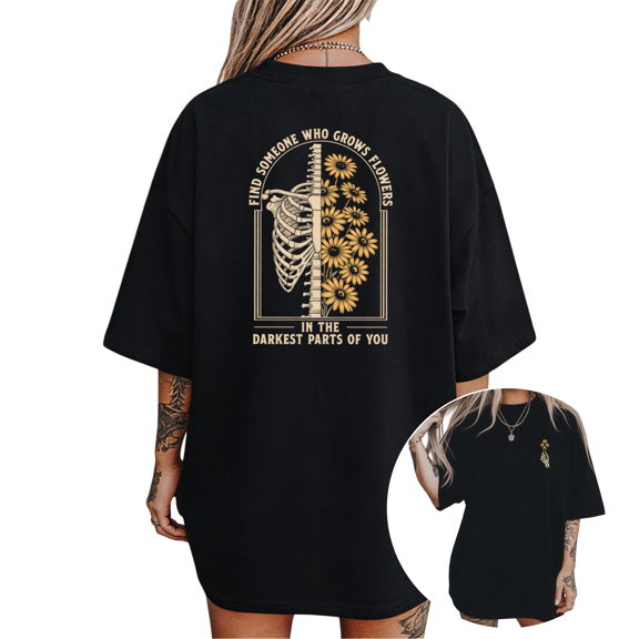UNISHE Women's Skeleton Flower Graphic Tee Inspirational Quote Back Print Short Sleeve Crewneck