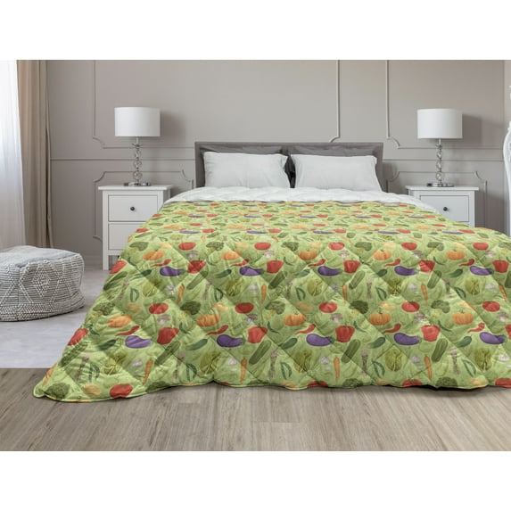 Farming Down Alternative Comforter, Healthy Harvesting Carrots Mushroom Lettuce Pumpkin Eggplants Cabbage, Microfiber Quilt for All Season, 5 Sizes, Green Brown Multicolor, by Ambesonne