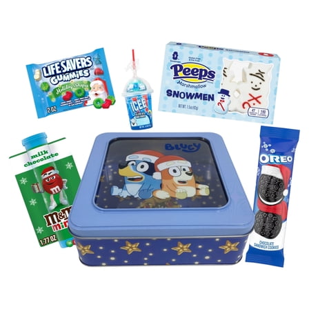 Bluey Holiday Tin Sweet Treats Bundle, Square Gift Box with Assorted Holiday Snacks