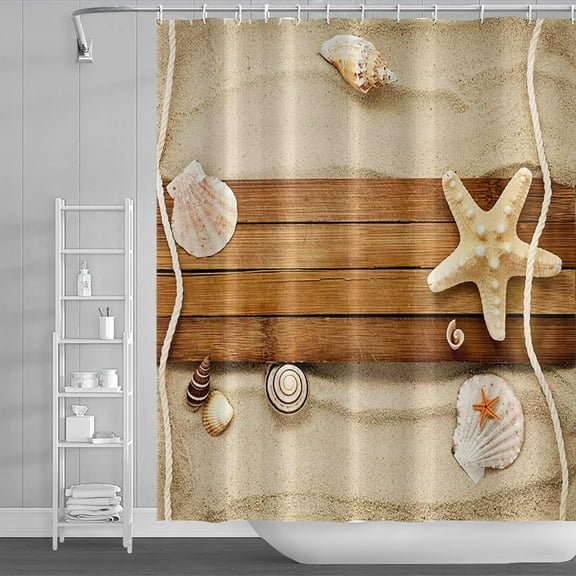 72x84inch Beach Shower Curtain Sets Decor Nautical Theme Rustic Brown Wooden Board Seaside Starfish Shell Bathroom Curtain for Bathroom Bathtubs with Hooks Waterproof Machine Washable