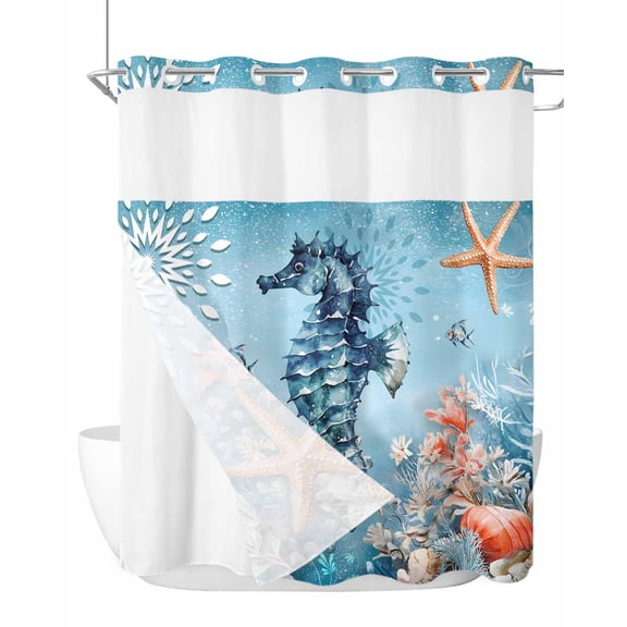 No Hook Shower Curtain with Snap-in Liner, Blue Coastal Seahorse Waterproof Fabric Bathroom Curtains, Summer Beach Starfish Botanical Bath Curtains & Mesh Top Window Stand Up Stall 72"x78" Long