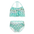 thumbnail image 1 of TiaoBug Girls 2 Pcs Mermaid Bikini Sets Shiny Halter Ruffles Crop Top with Triangle Brief Bathing Suit Tankini Light Blue A 150, 1 of 5