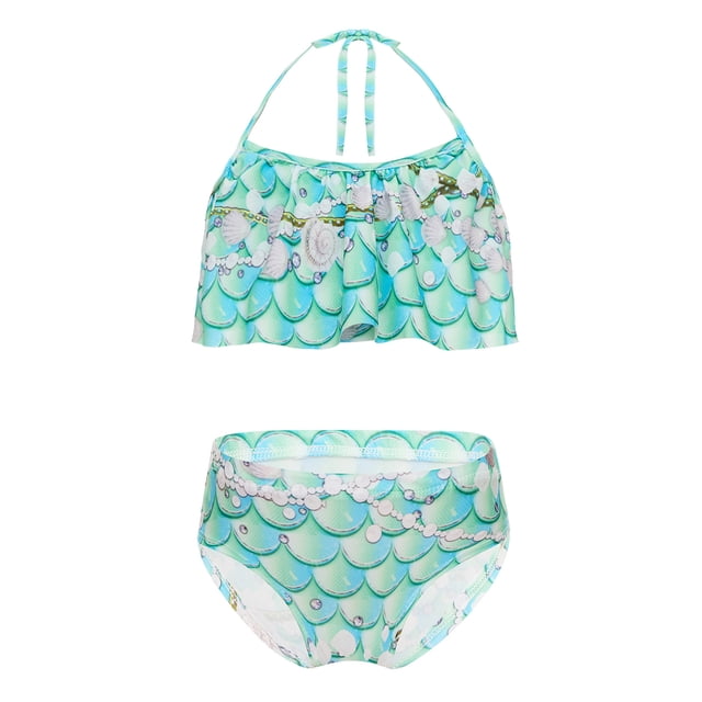 TiaoBug Girls 2 Pcs Mermaid Bikini Sets Shiny Halter Ruffles Crop Top with Triangle Brief Bathing Suit Tankini Light Blue A 150