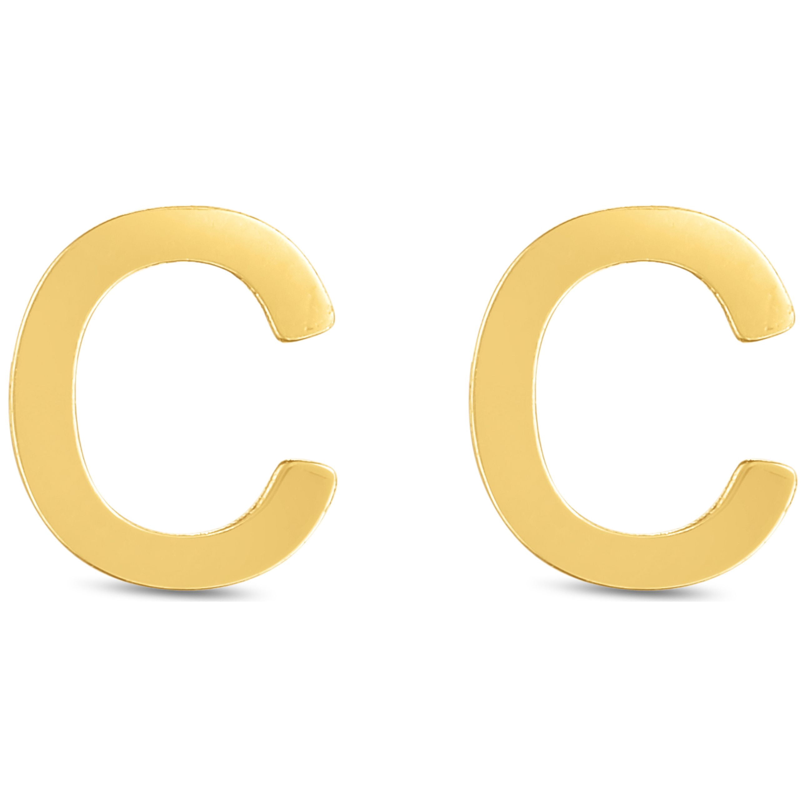Karat Rush 14KT Yellow Gold High Polished Block Initial Studs "C" with Post-With-Friction-Back. Adult Unisex. No stones