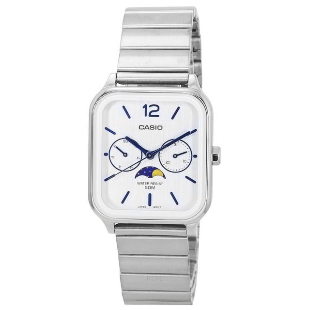 Casio Reloj MTP-M305D-7A para Hombre, Analógico Estándar, con Fase Lunar, Esfera Plateada y Cuarzo.