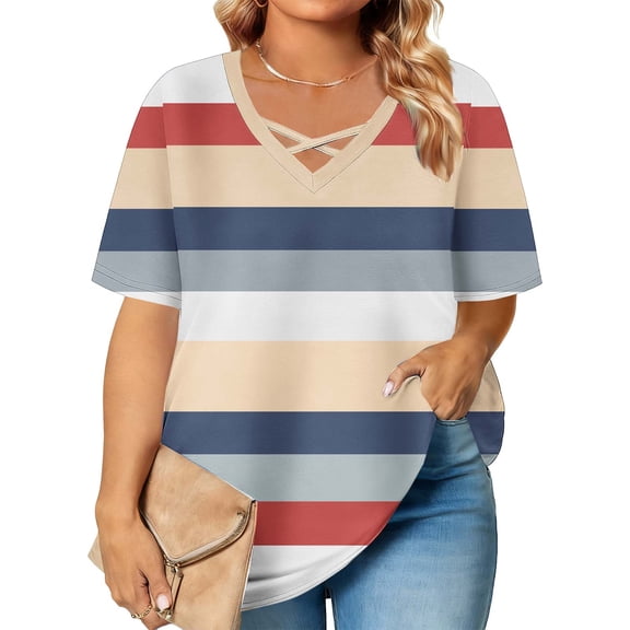 HOMBOM Tops for Women Trendy Tee Shirts Plus Size Colorblock Oversized Short Sleeve Comfy Ladies T Shirts
