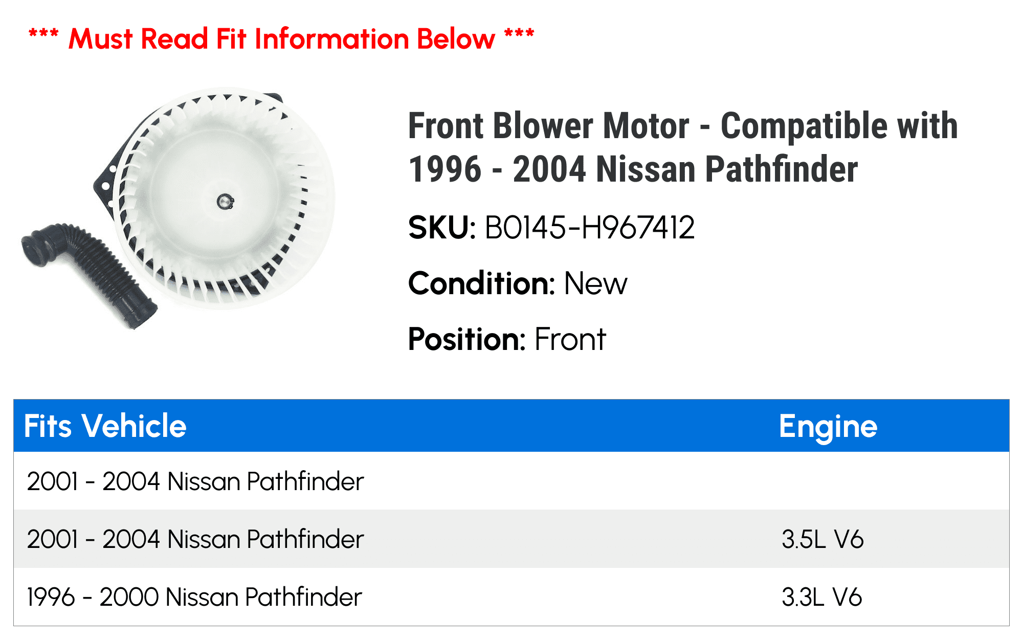 Front Blower Motor - Compatible with 1996 - 2004 Nissan Pathfinder 1997 1998 1999 2000 2001 2002 2003